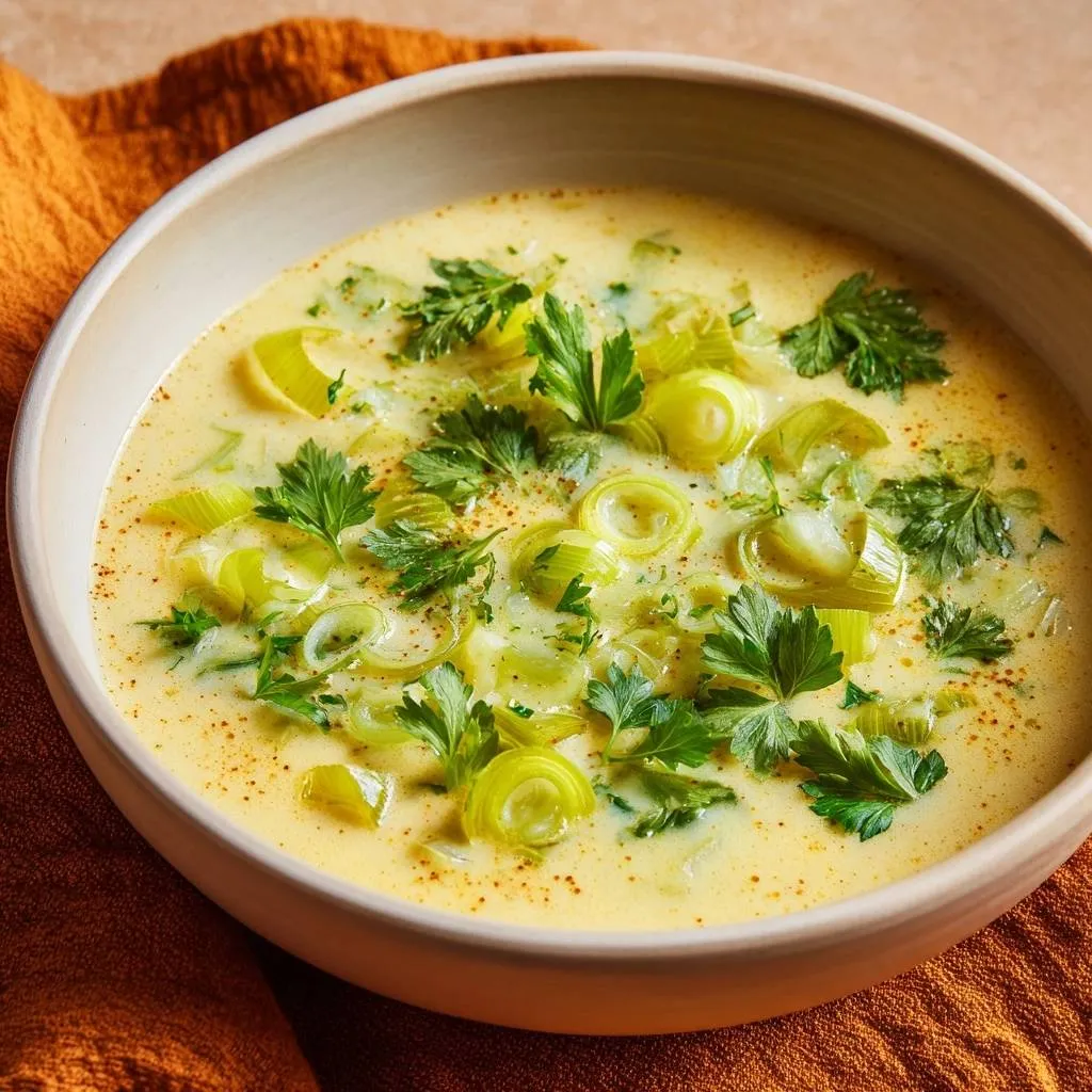 Creamy potato leek soup with fresh parsley garnish shown in a close-up bowl view.