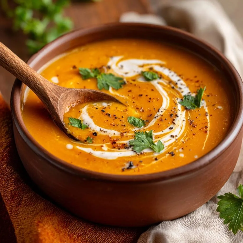 Creamy roasted butternut squash soup with a swirl of cream and parsley, being served with a wooden spoon.