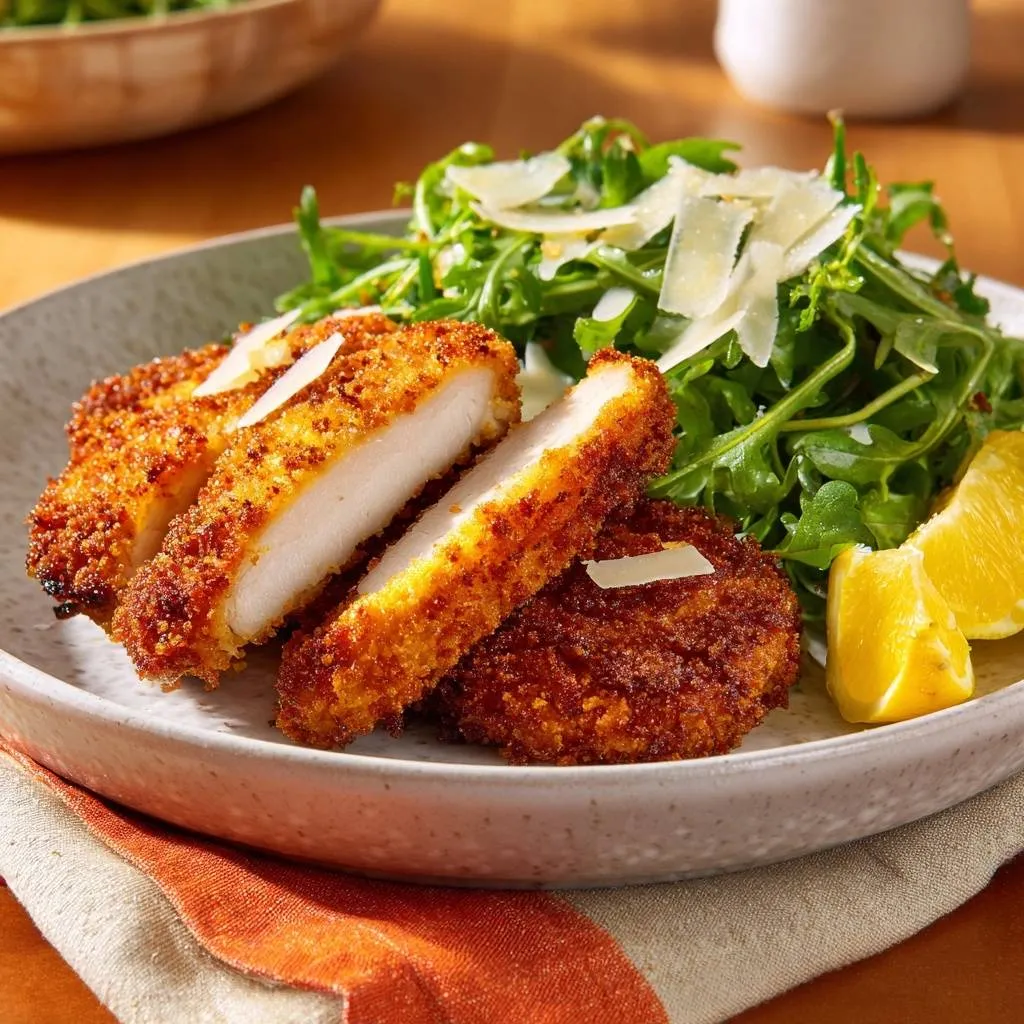 Creamy roasted butternut squash soup plated with crispy chicken tenders and a side salad, garnished with parmesan cheese.