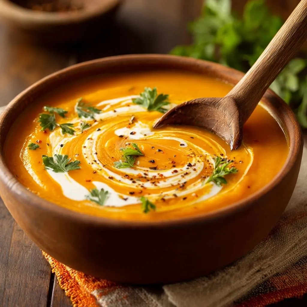 Creamy roasted butternut squash soup with a swirl of cream and fresh parsley garnish in a wooden bowl.