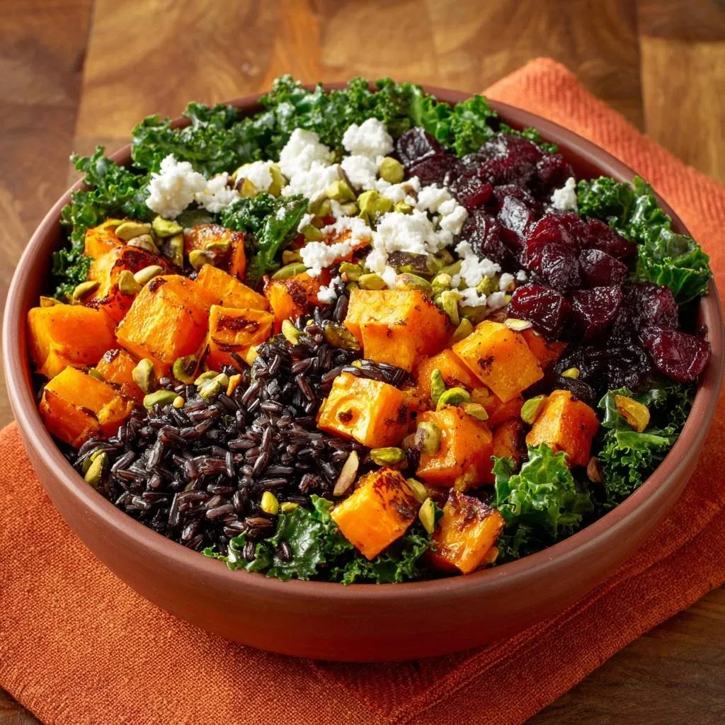 Creamy roasted garlic potato soup in a bowl, featuring kale, roasted butternut squash, wild rice, goat cheese, and pistachios.