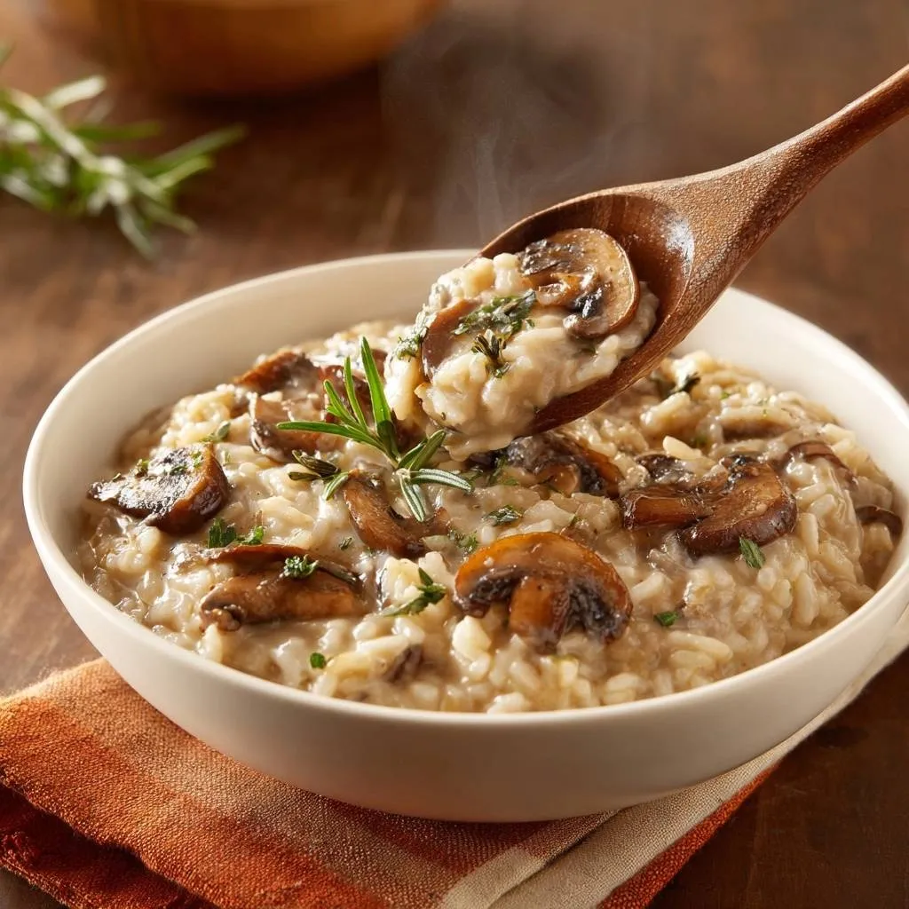 Creamy roasted mushroom risotto with a wooden spoon lifting a spoonful, showcasing tender mushrooms and herbs.