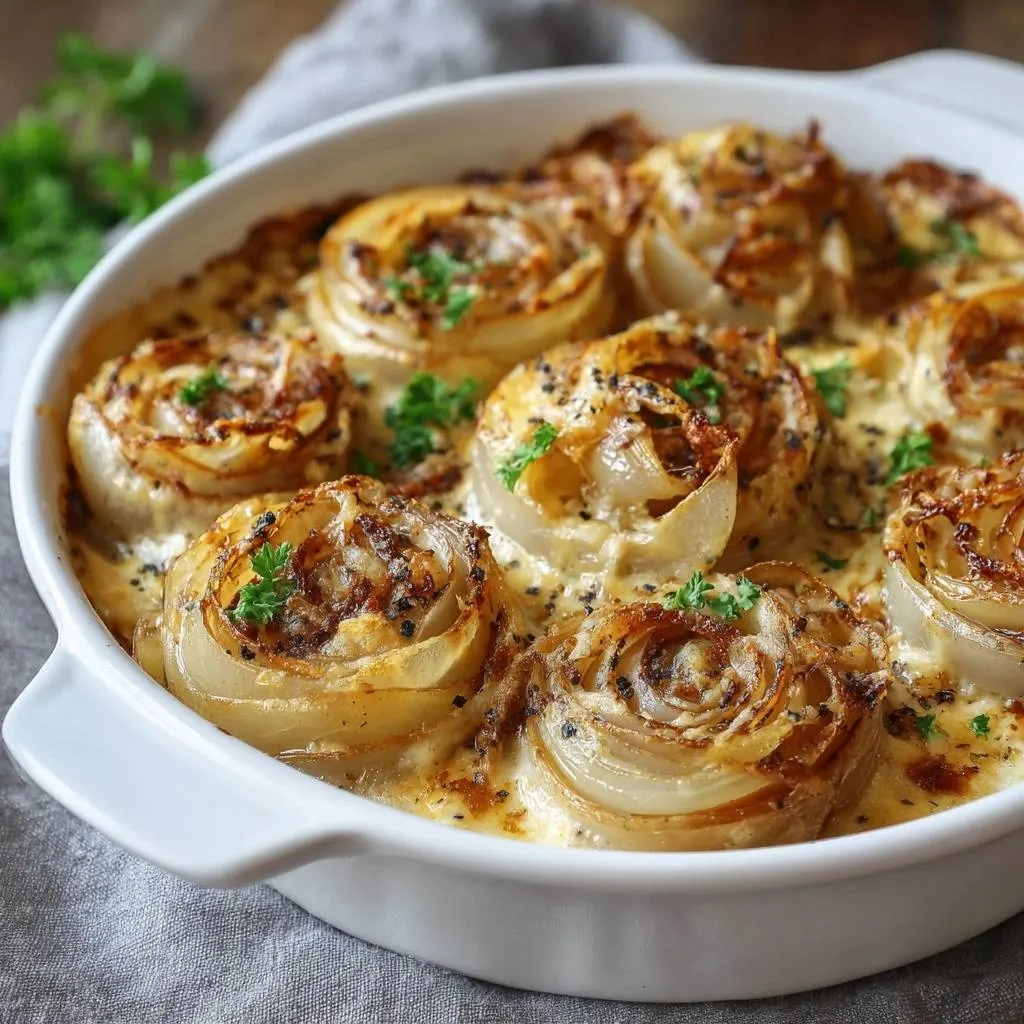 Creamy roasted onion gratin shown as a close-up in a white baking dish, garnished with parsley.