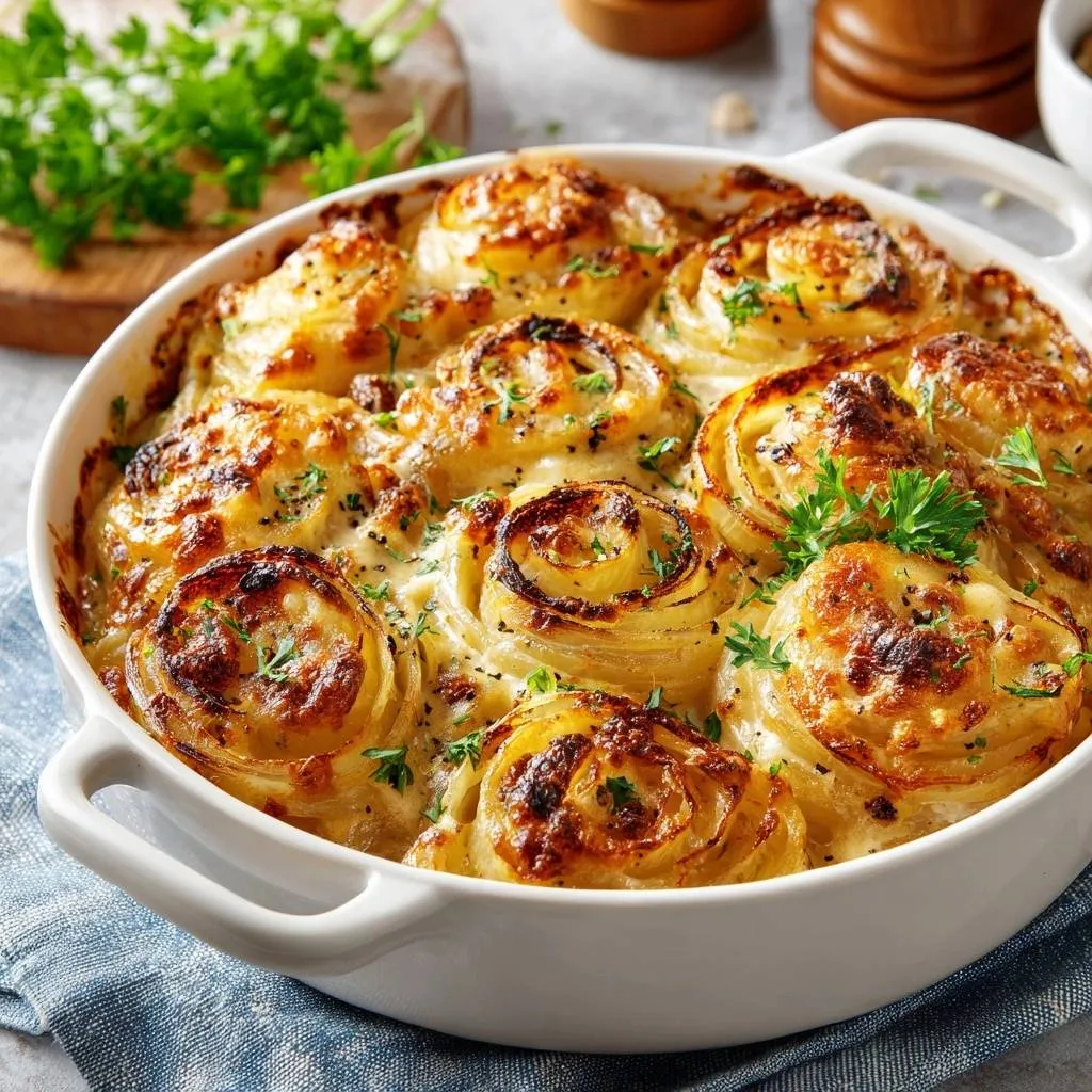 Creamy roasted onion gratin, a close-up of the golden-brown baked onion swirls nestled in rich cream sauce, garnished with fresh parsley.