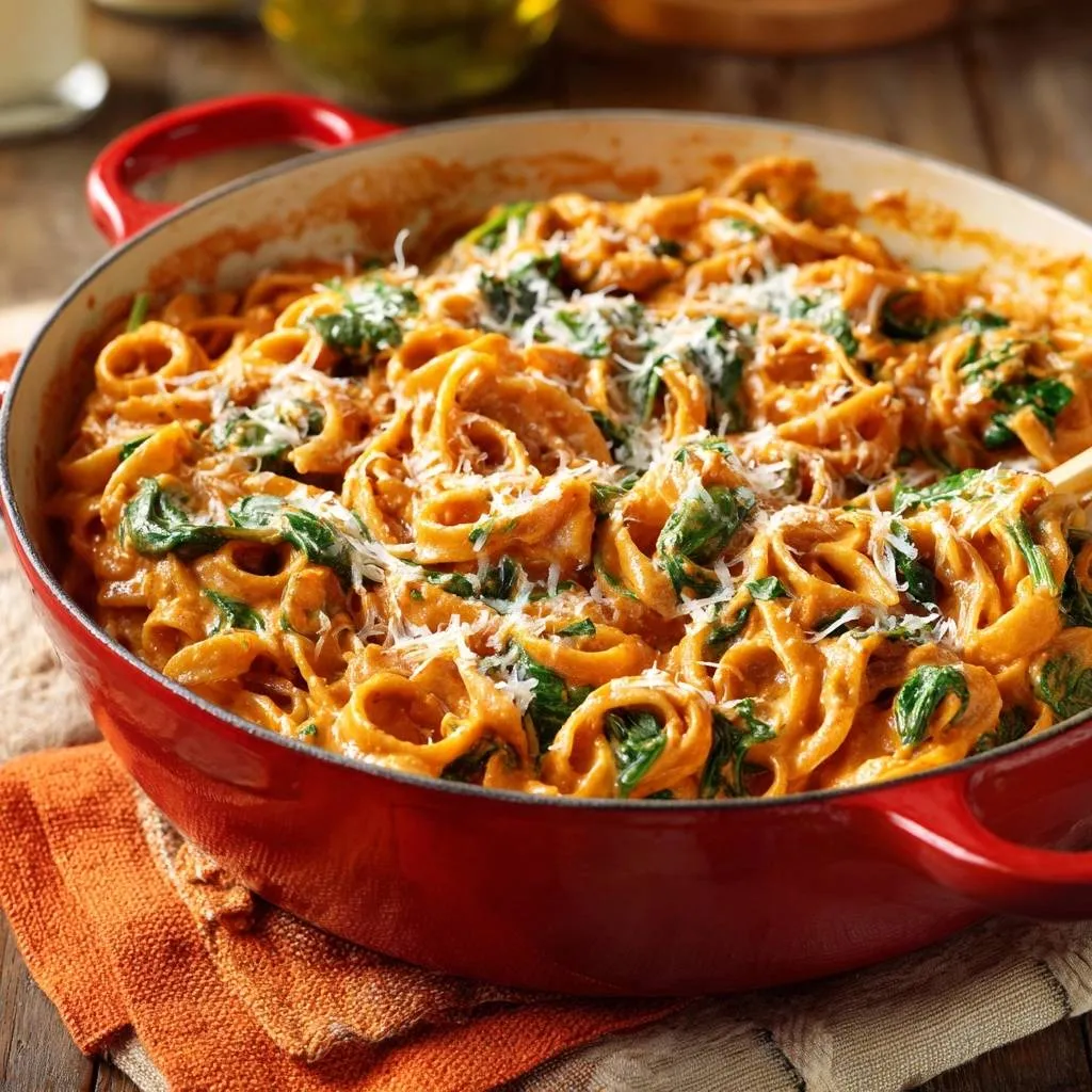 Creamy roasted red pepper pasta with spinach served in a red Dutch oven, sprinkled with parmesan cheese.