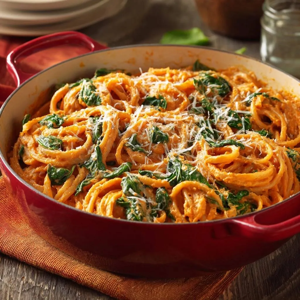 Creamy roasted red pepper pasta with spinach served in a red Dutch oven, sprinkled with Parmesan.