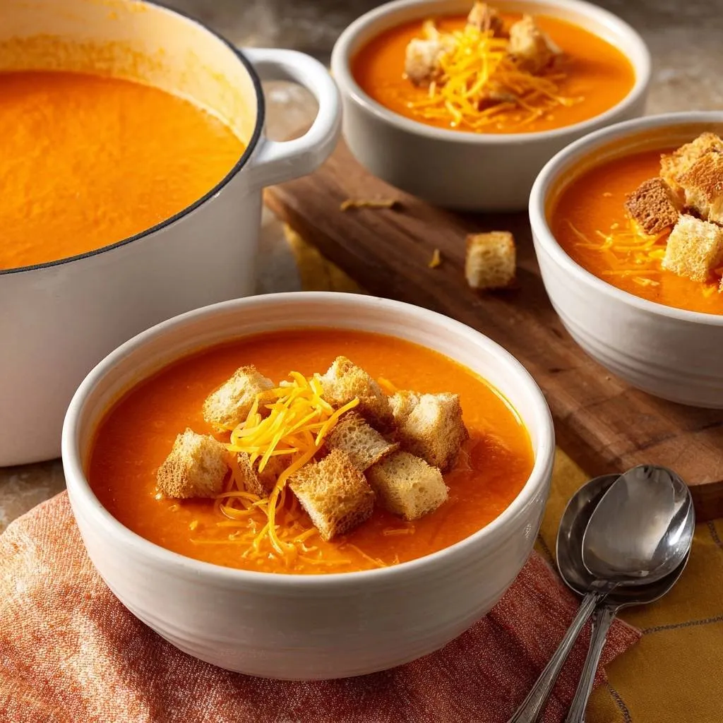 Creamy roasted tomato soup served in white bowls, garnished with croutons and shredded cheese.
