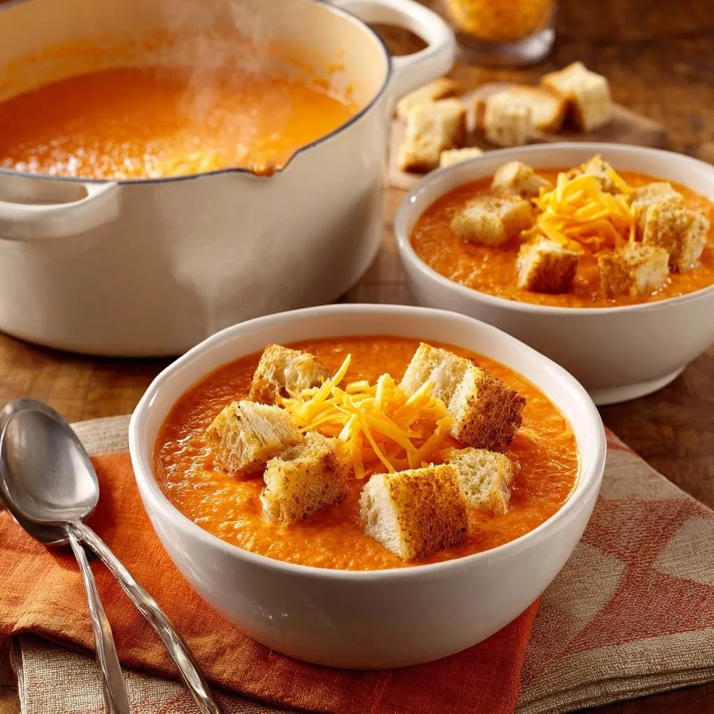 Creamy roasted tomato soup served in white bowls, topped with croutons and shredded cheese, with a pot in the background.