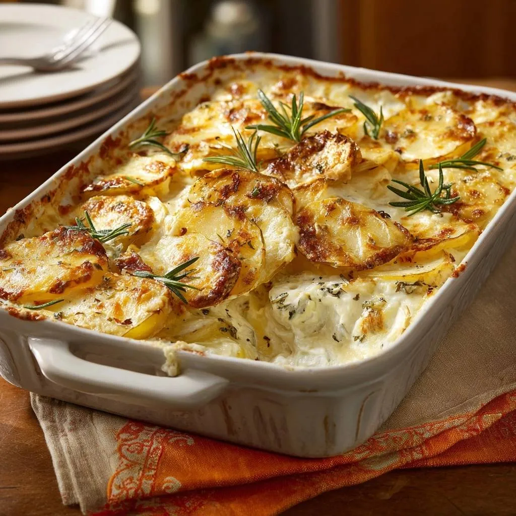 Creamy rosemary scalloped potatoes baked in a white dish, garnished with fresh rosemary sprigs.