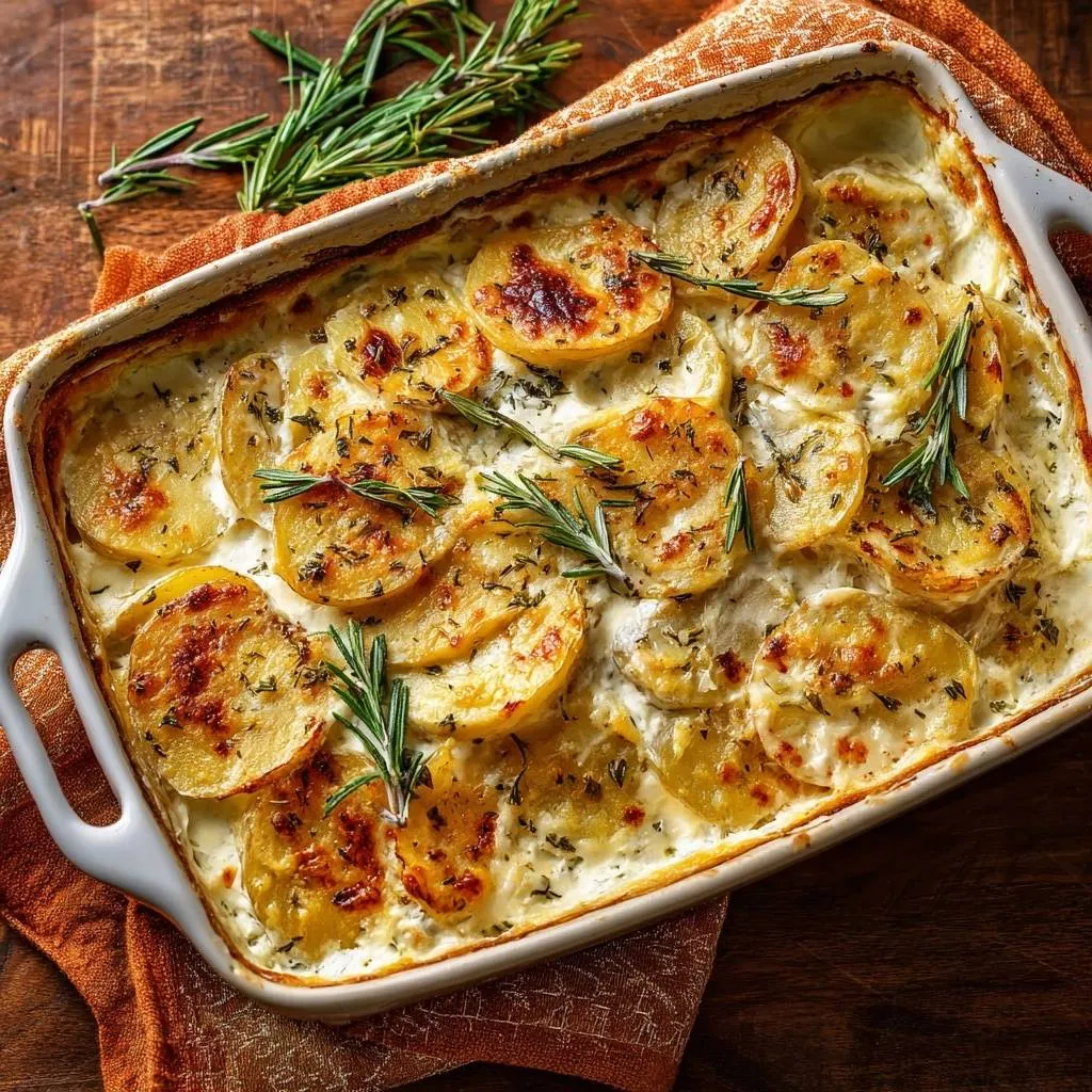 Creamy rosemary scalloped potatoes in a white baking dish, a top-down view of the golden-brown baked dish.