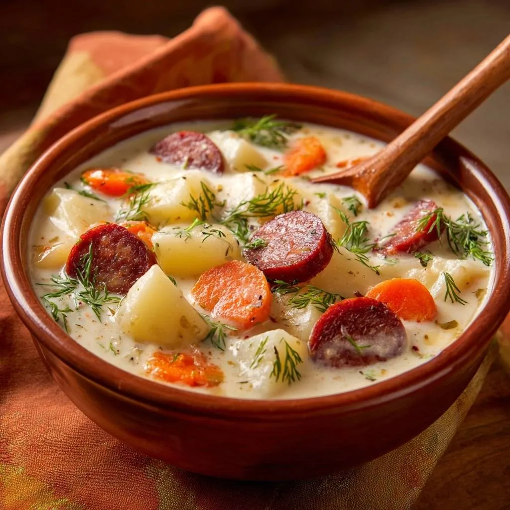 Creamy sausage potato soup, a chunky and never gluey dish, shown in a close-up view with dill garnish.