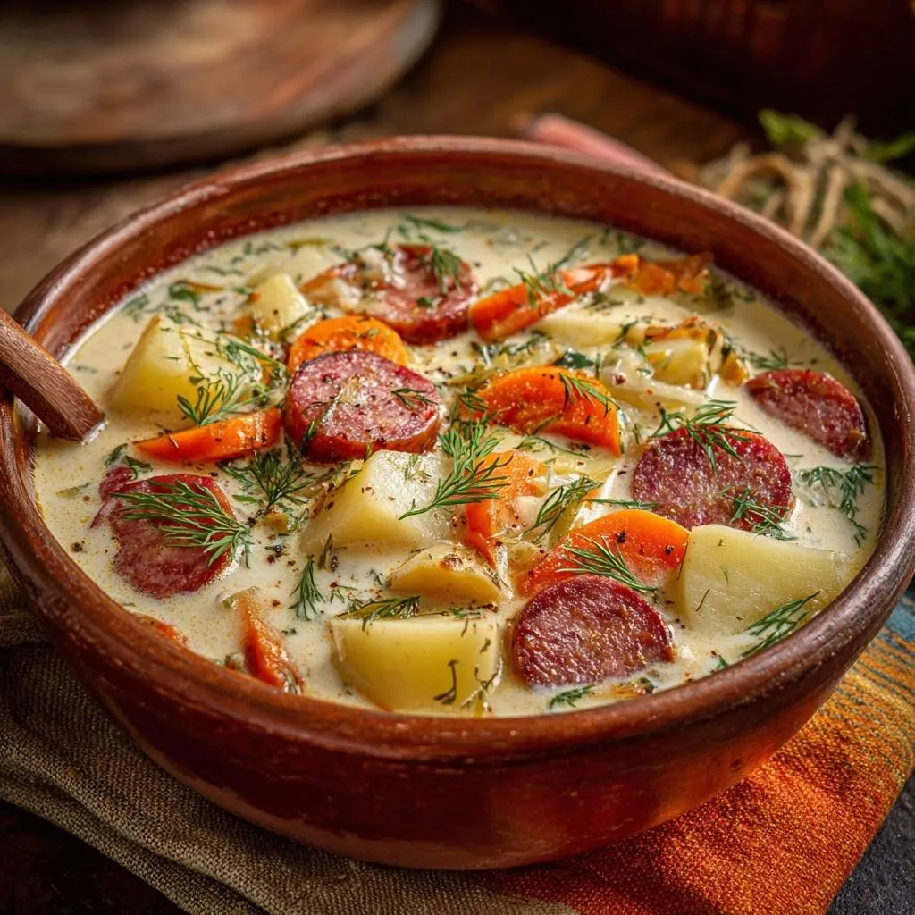 Creamy sausage potato soup served in a rustic bowl, featuring chunky potatoes, sliced sausage, and fresh dill garnish.