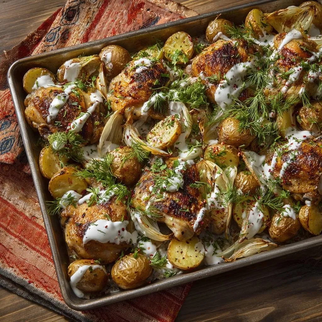 Creamy sausage and white bean soup served in a rustic baking dish, drizzled with sauce and garnished with herbs.