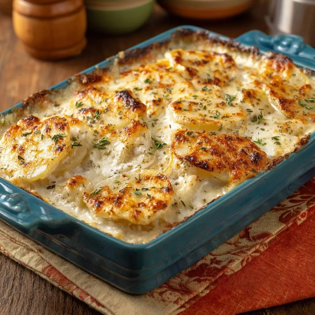 Creamy scalloped potatoes, baked to golden perfection in a blue casserole dish, showcasing tender potato slices and herbs.