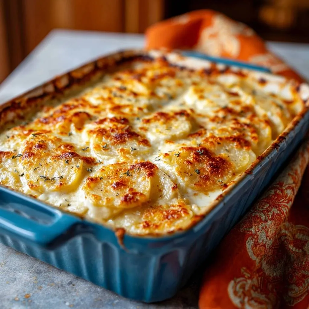 Creamy scalloped potatoes with a golden-brown cheesy topping, baked in a blue casserole dish.