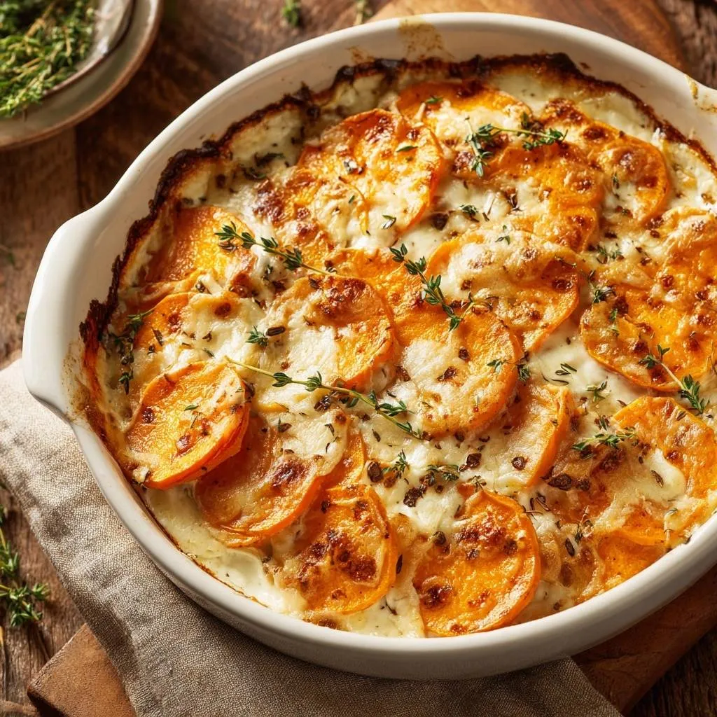 Creamy scalloped sweet potatoes baked in a white dish, topped with melted cheese and fresh thyme.