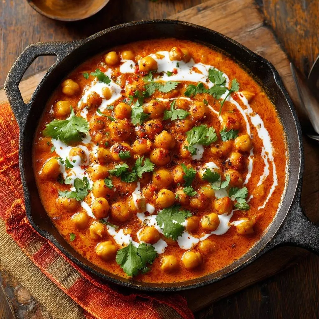 Creamy spiced chickpea curry served in a cast iron skillet, garnished with cilantro and a swirl of cream.