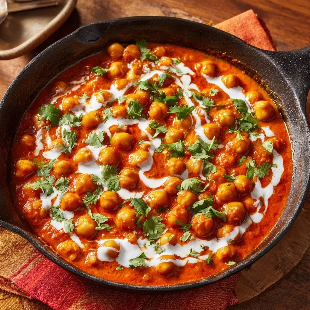 Creamy spiced chickpea curry served in a cast iron skillet, generously garnished with fresh cilantro and a swirl of cream.
