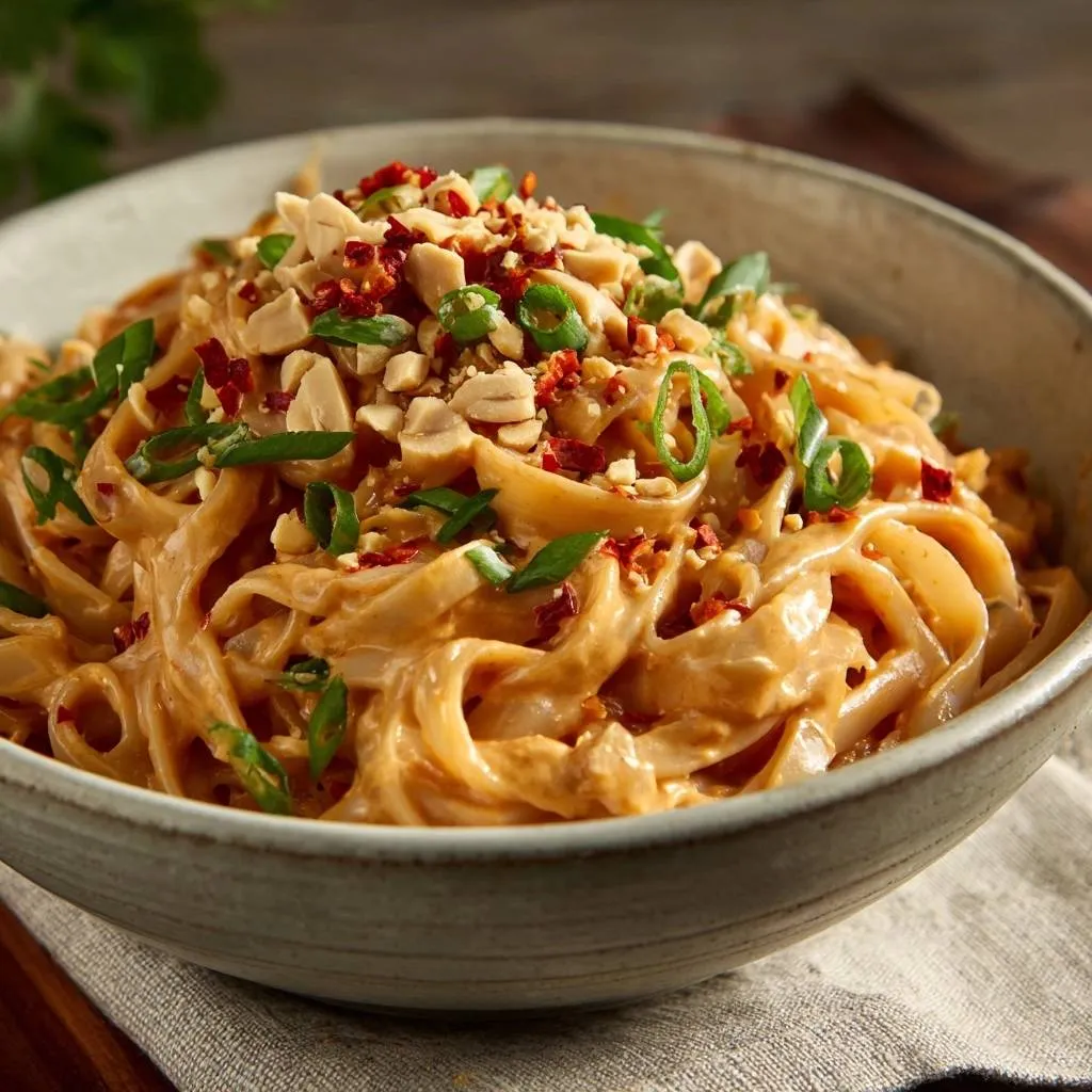Creamy spicy peanut noodles shown in a close-up view, topped with chopped peanuts and scallions.