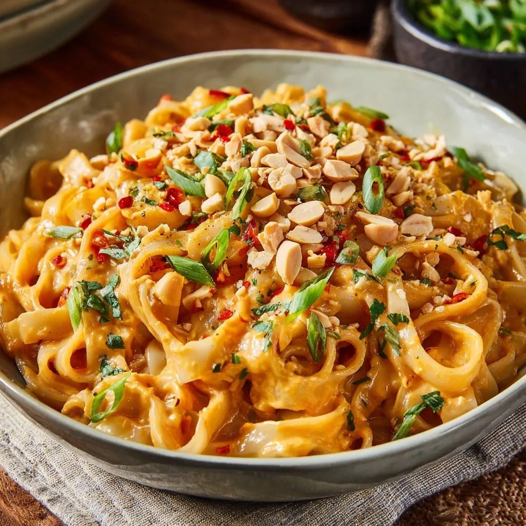 Creamy spicy peanut noodles garnished with chopped peanuts, chili flakes, and scallions in a bowl.