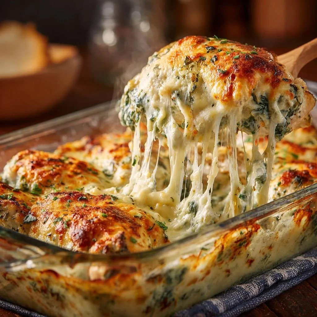 Creamy spinach artichoke baked chicken showing a cheesy pull as a serving is lifted from the baking dish.