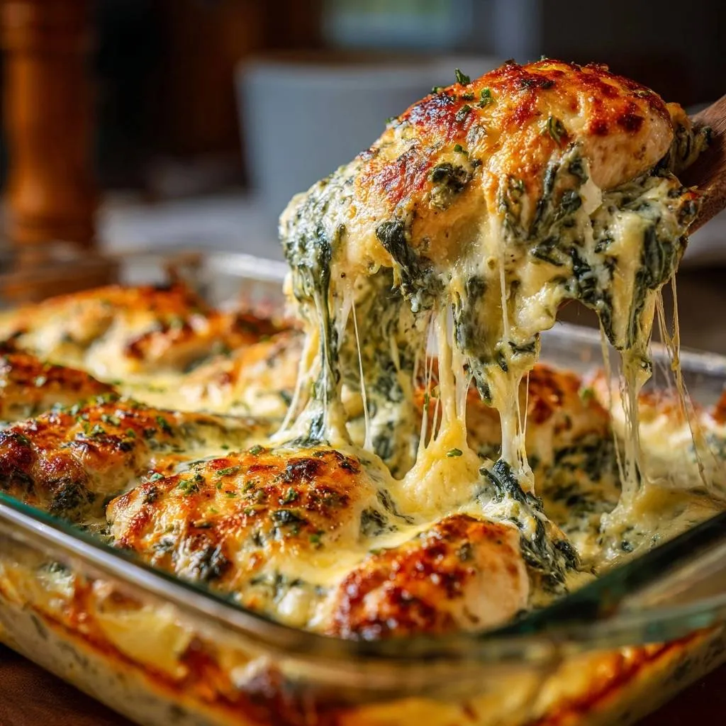 Creamy spinach artichoke baked chicken with a cheesy pull, showcasing the melted cheese and rich sauce.