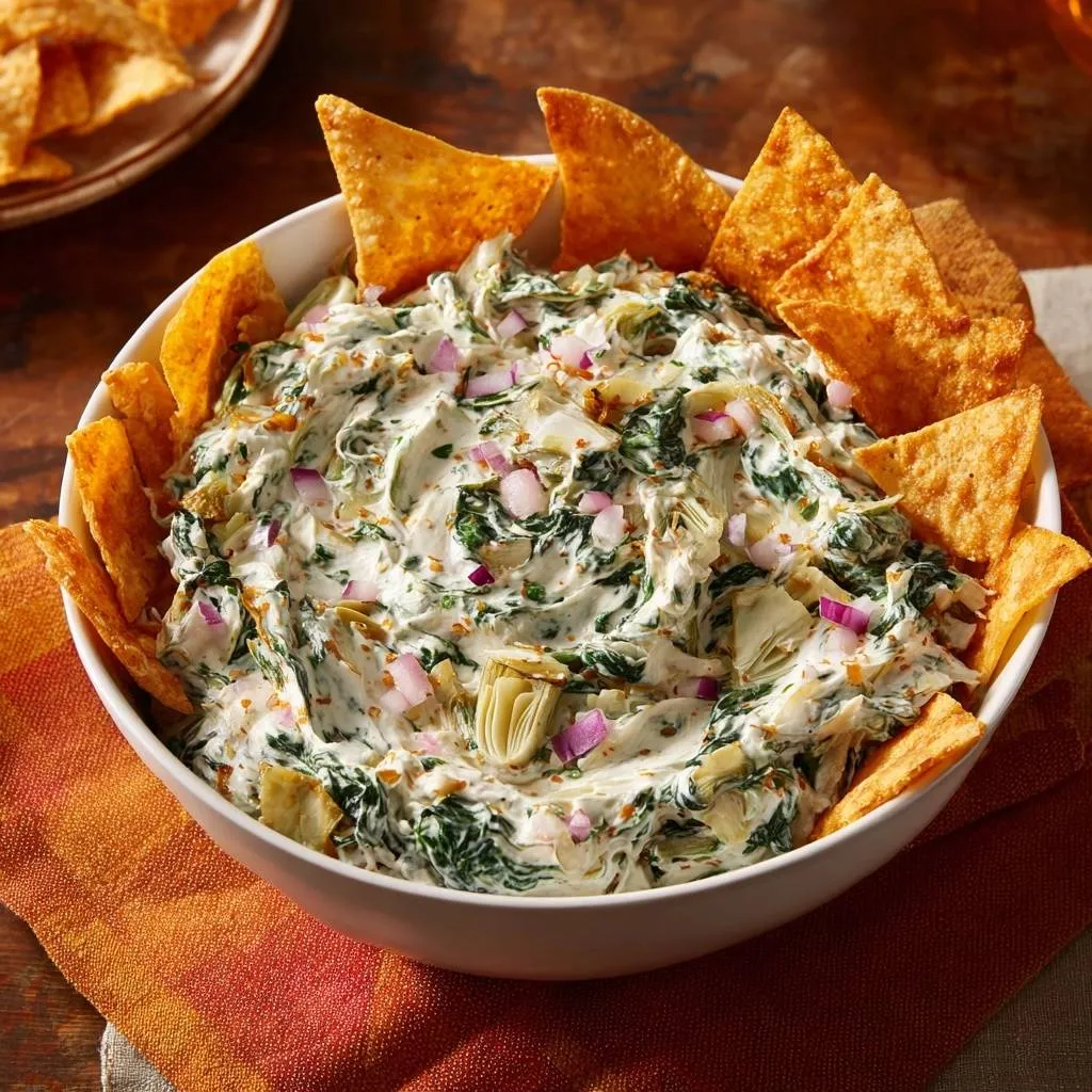 Creamy spinach artichoke dip served in a white bowl with tortilla chips arranged around the edge.
