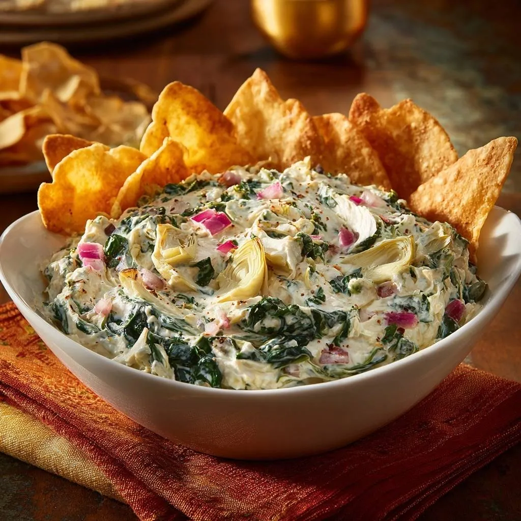 The ultimate creamy spinach artichoke dip served in a white bowl, with pita chips and visible artichoke pieces.