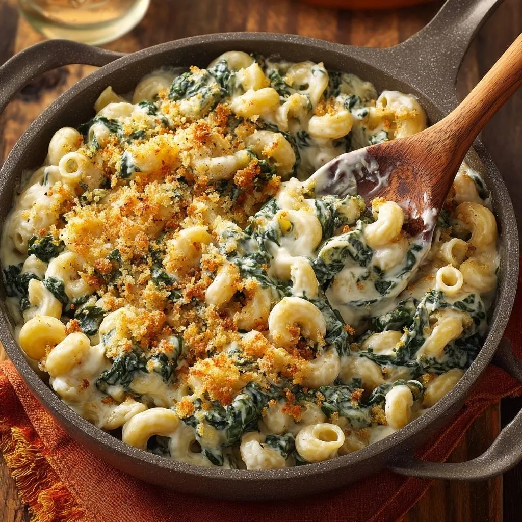 Creamy spinach mac and cheese in a skillet being served with a wooden spoon, showing the cheesy pasta and breadcrumb topping.