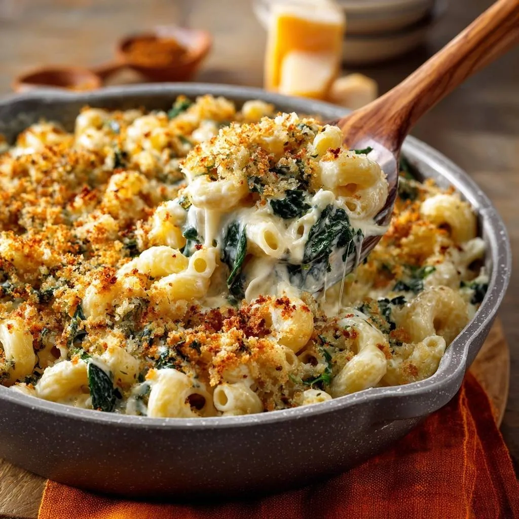 Creamy spinach mac and cheese being scooped with a wooden spoon, showing the gooey cheese and pasta.