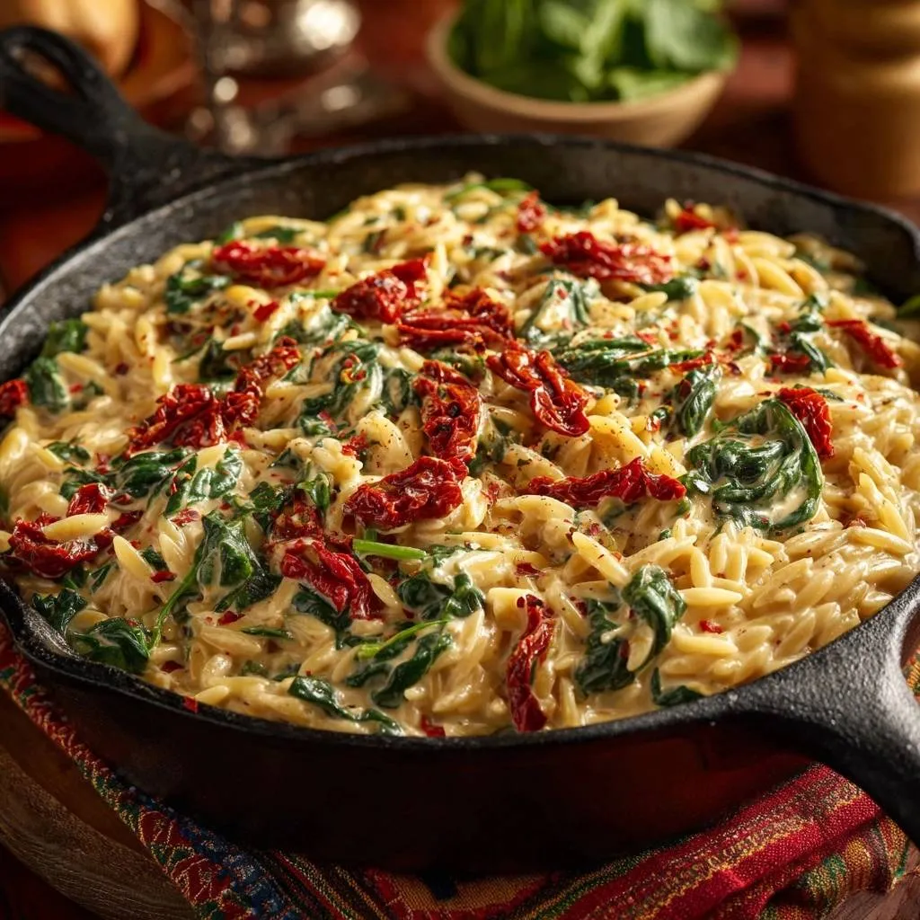 Skillet creamy spinach sun-dried tomato orzo shown from an overhead view, highlighting the rich sauce and vibrant ingredients.