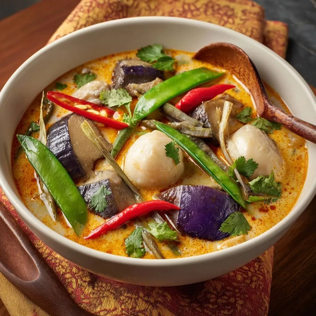 Creamy Thai red curry with fish balls, eggplant, and snow peas served in a white bowl with a wooden spoon.