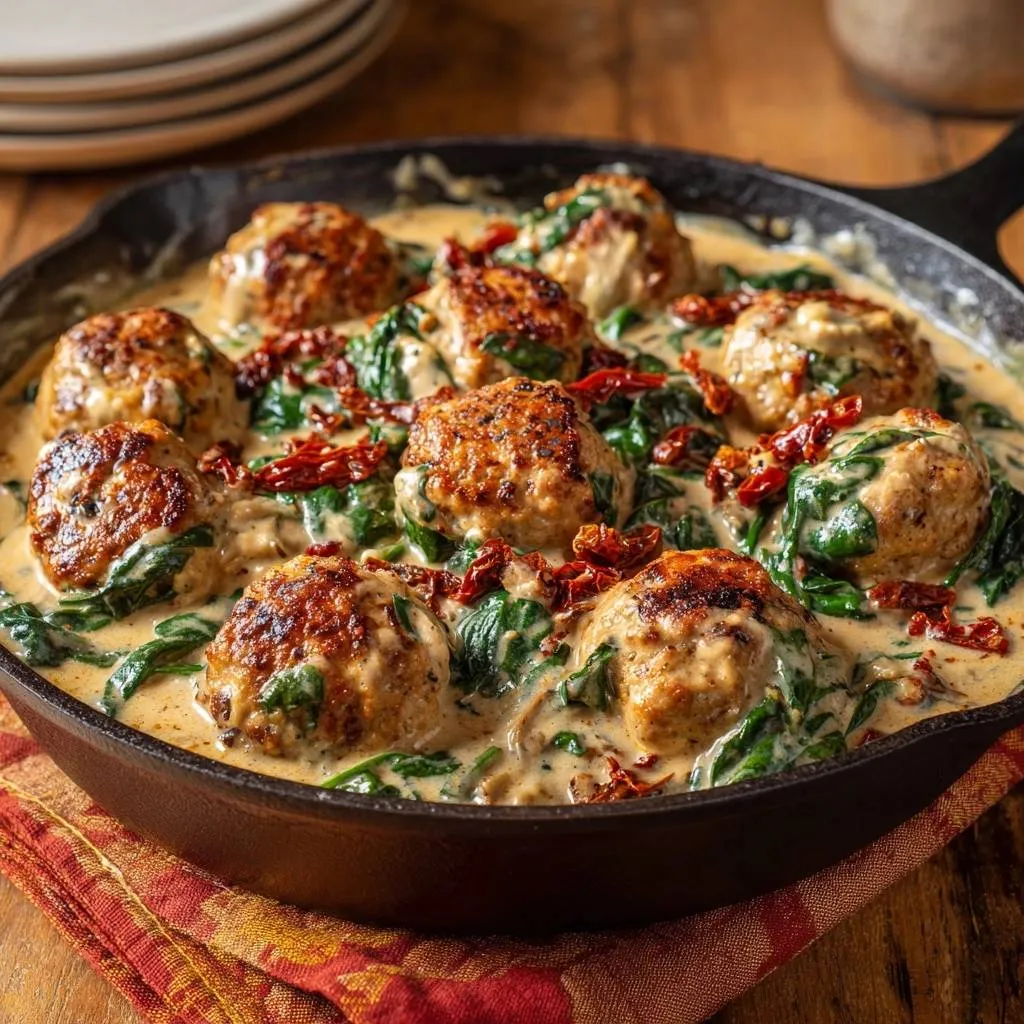 Creamy Tuscan chicken meatballs served in a cast iron skillet with spinach and sun-dried tomatoes.