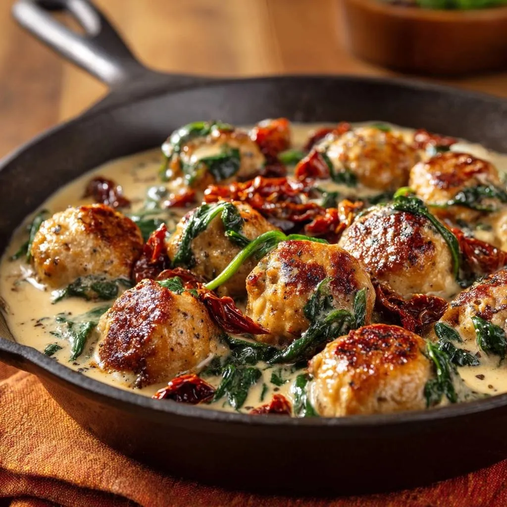 Creamy Tuscan chicken meatballs simmering in a cast iron skillet with spinach and sun-dried tomatoes.