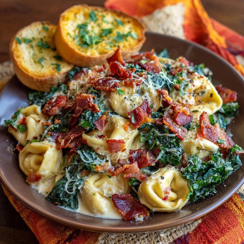 Creamy Tuscan kale and tortellini topped with bacon and served with garlic toast.