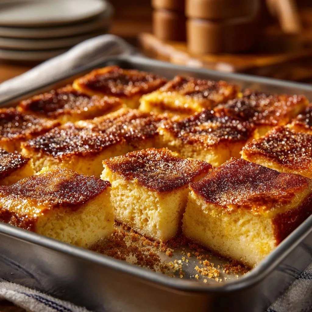 Crème brûlée bars sliced in a baking pan, showcasing their golden-brown caramelized sugar topping and tender cake interior.