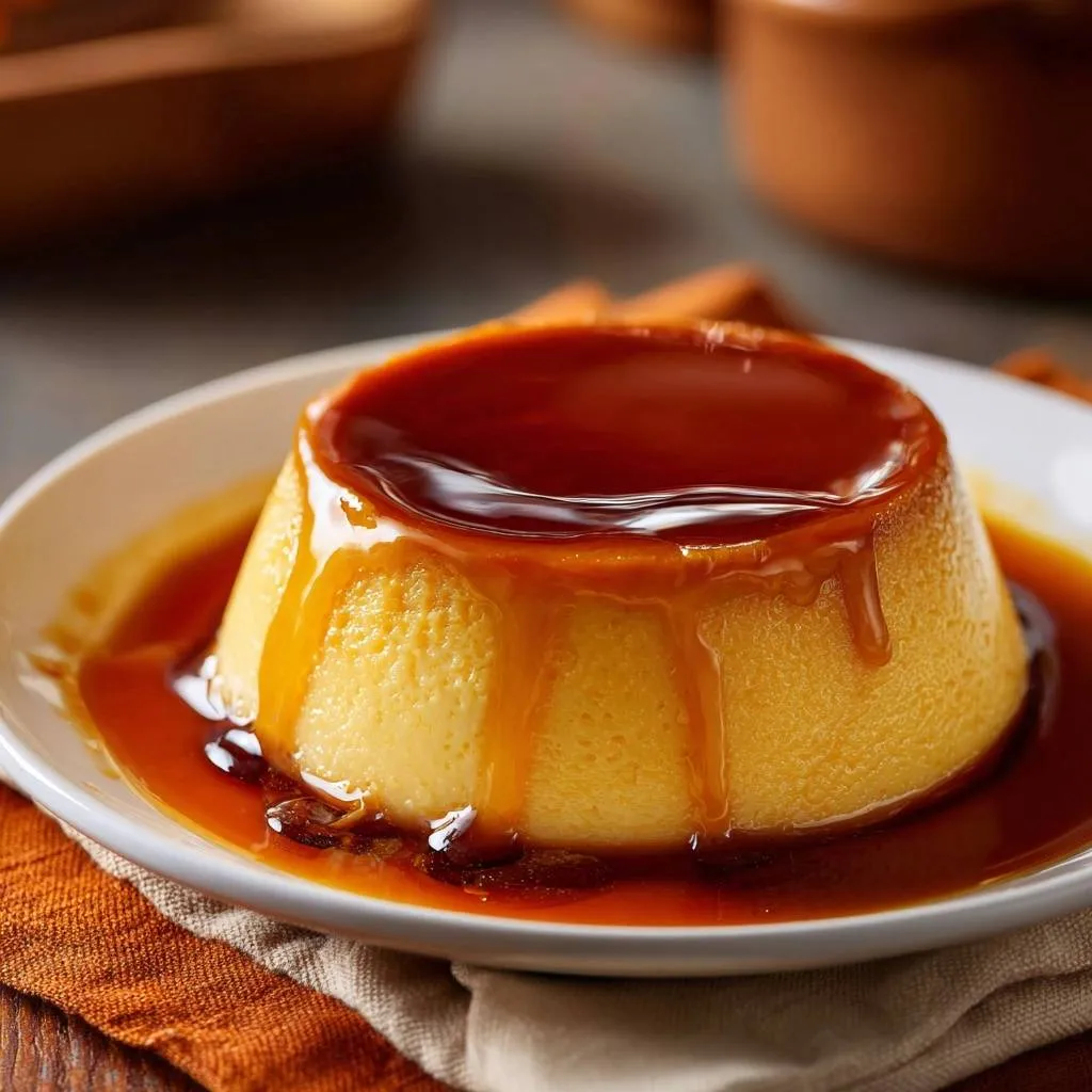 Silky crème caramel, a rich dessert with glistening caramel glaze, served as a single portion on a white plate.