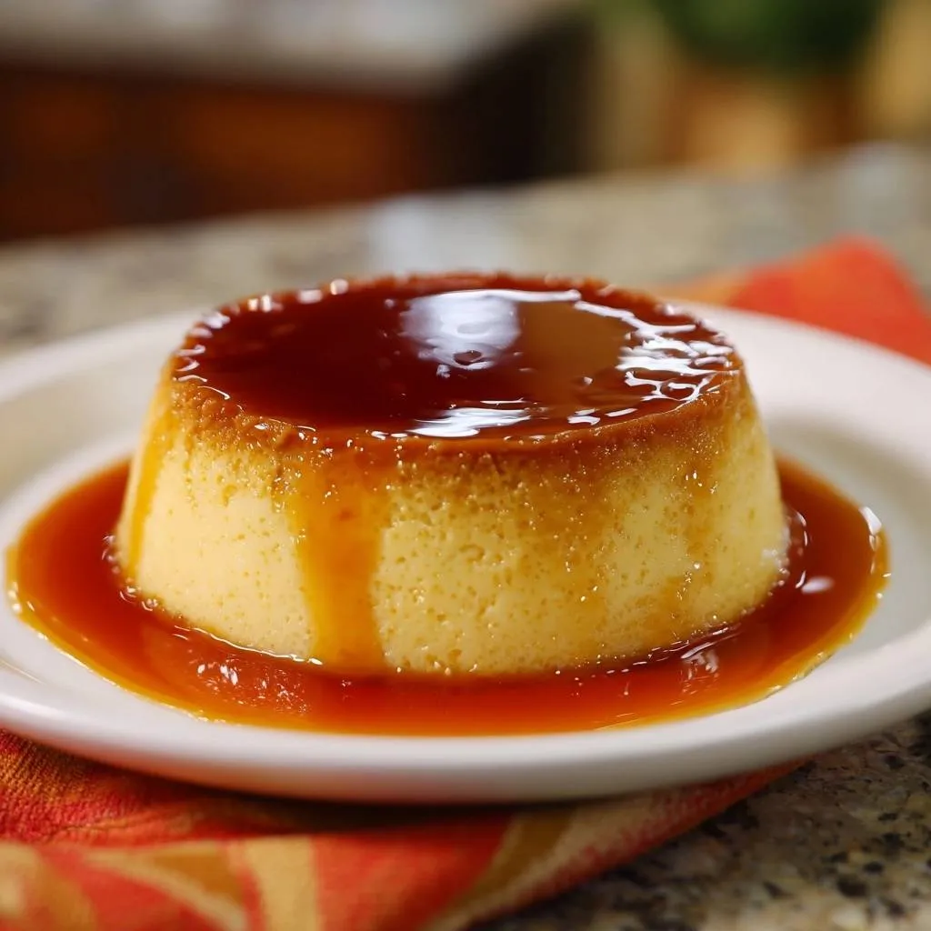 Silky crème caramel served as a single serving on a white plate, glistening with a rich caramel glaze.
