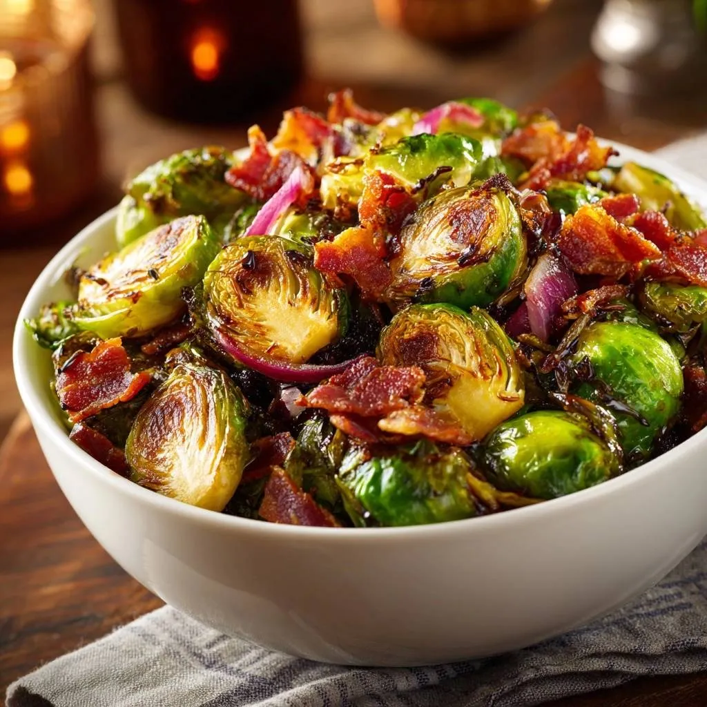 Crispy bacon Brussels sprouts served in a white bowl, showcasing the roasted vegetables and crumbled bacon in a close-up view.