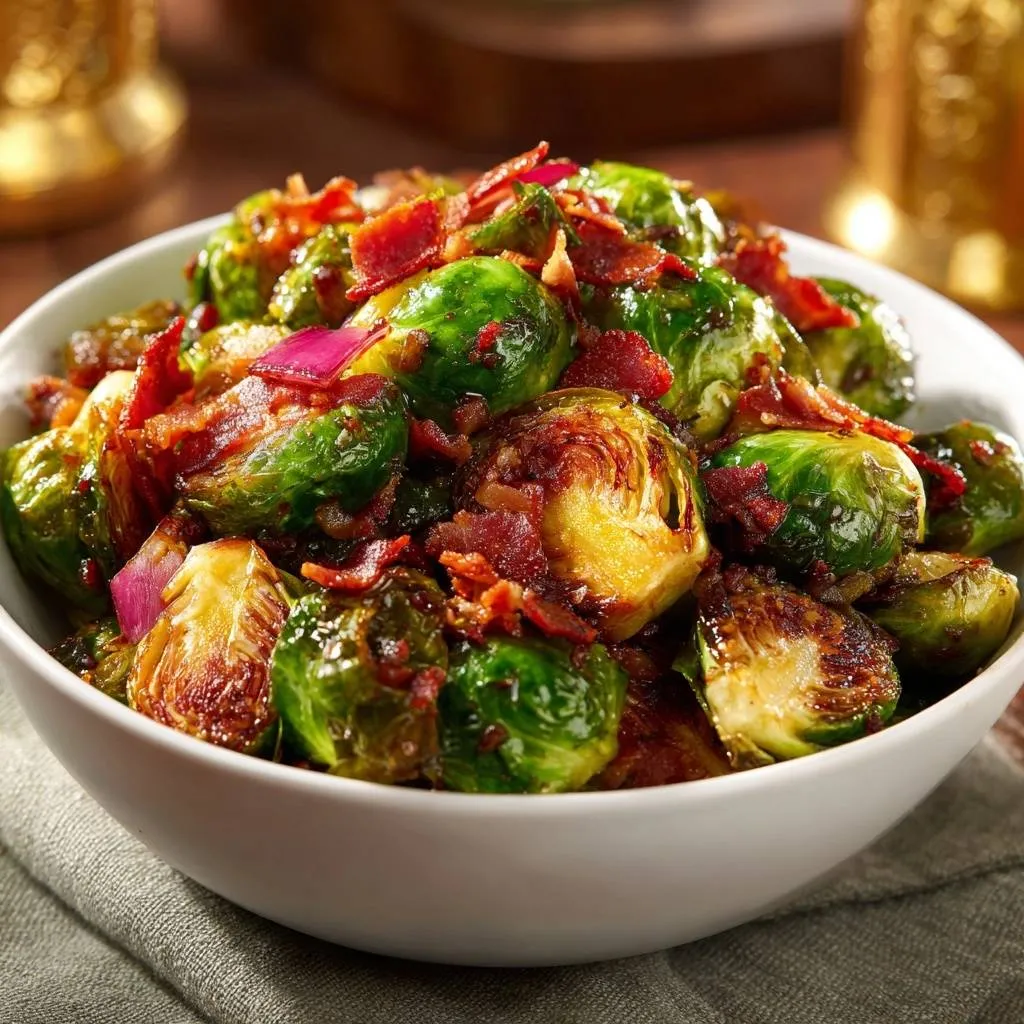 Crispy bacon Brussels sprouts served in a white bowl, showcasing a close-up view with visible bacon and red onion pieces.