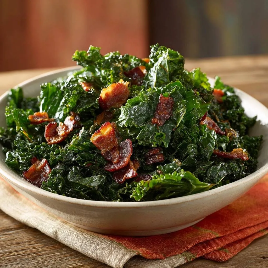Crispy bacon kale served in a white bowl, showcasing the tender leaves and savory bacon pieces up close.