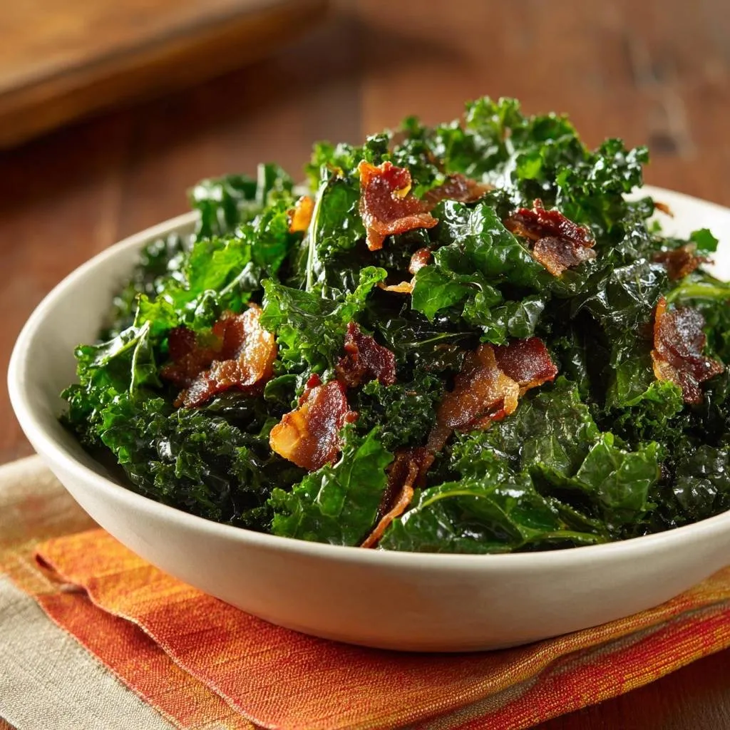 Crispy bacon kale, a vibrant green dish with crumbled bacon, served in a white bowl on an orange napkin.