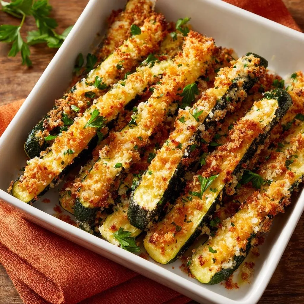 Crispy baked zucchini sticks are served in a white baking dish, coated in breadcrumbs and garnished with parsley.