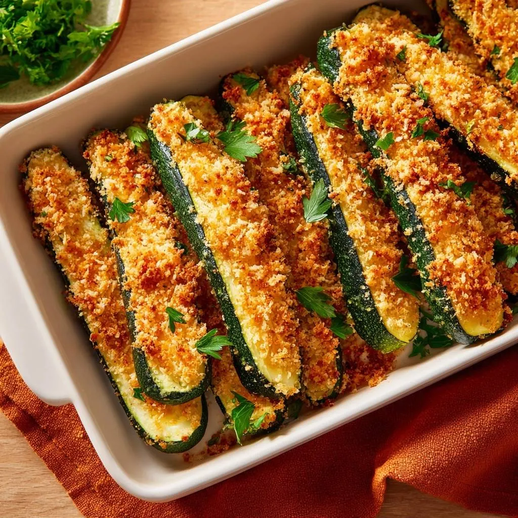 Crispy baked zucchini sticks in a white baking dish, topped with golden breadcrumbs and fresh parsley garnish.