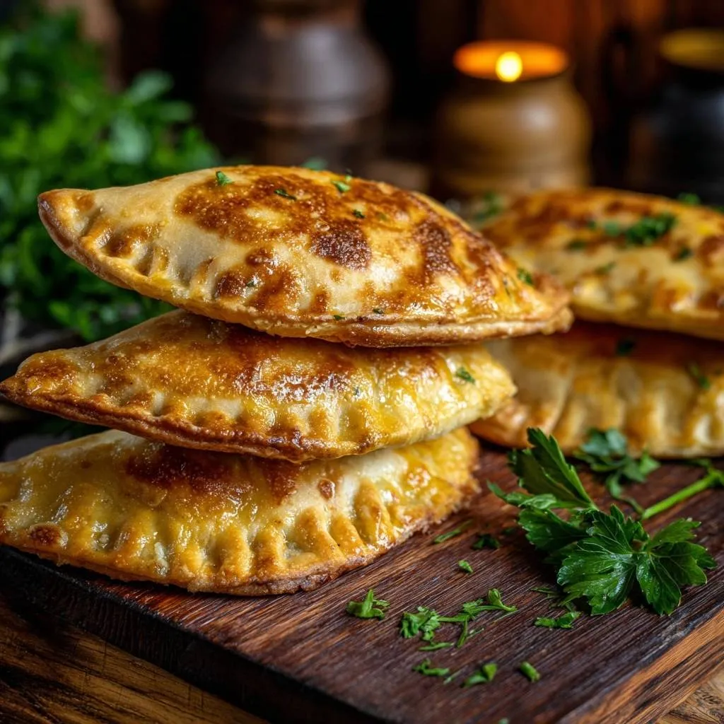 Crispy beef empanadas stacked on a wooden board, showcasing their golden-brown crust and crimped edges.