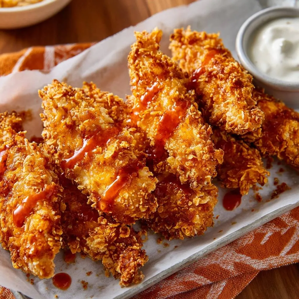 Crispy buffalo chicken tenders with shatterproof crunch, drizzled with a glossy red glaze in a close-up detail shot.