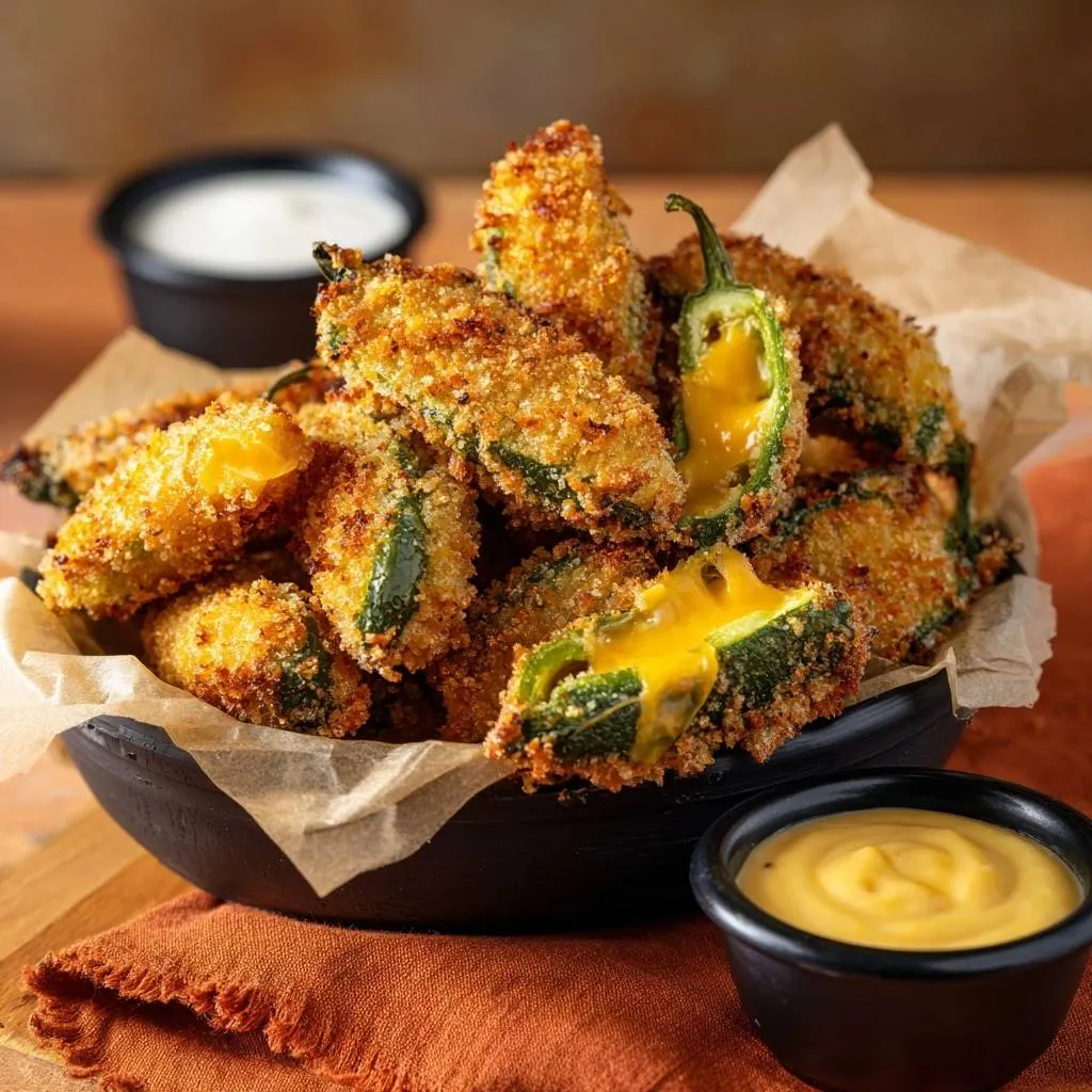 Crispy cheddar jalapeno poppers with melted cheese oozing out, served in a bowl with dipping sauce.