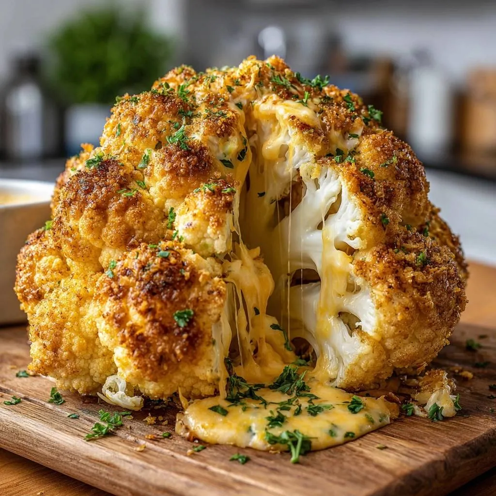 Crispy cheesy whole cauliflower with a gooey cheese pull, showcasing the melted cheese inside.