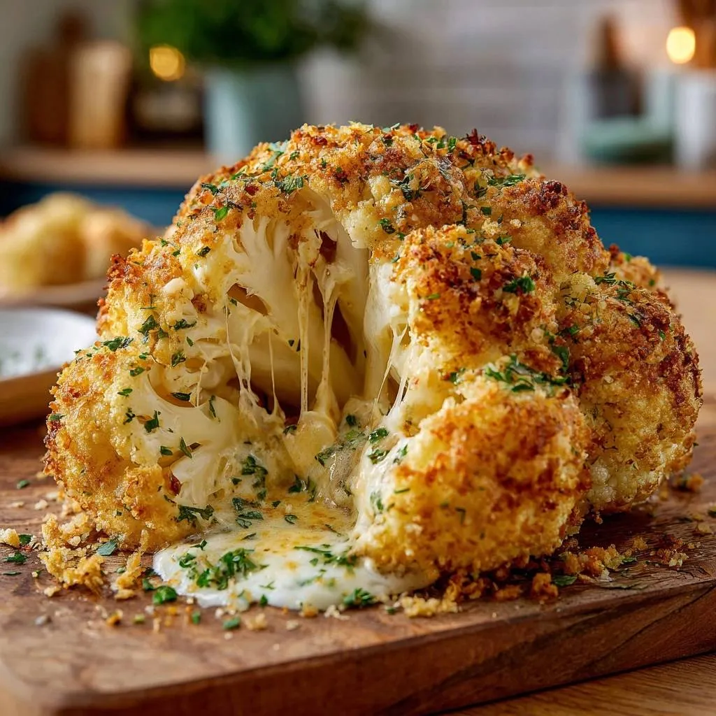 Crispy cheesy whole cauliflower with melted cheese strings pulling apart, showcasing its golden breadcrumb topping and fresh herb garnish.