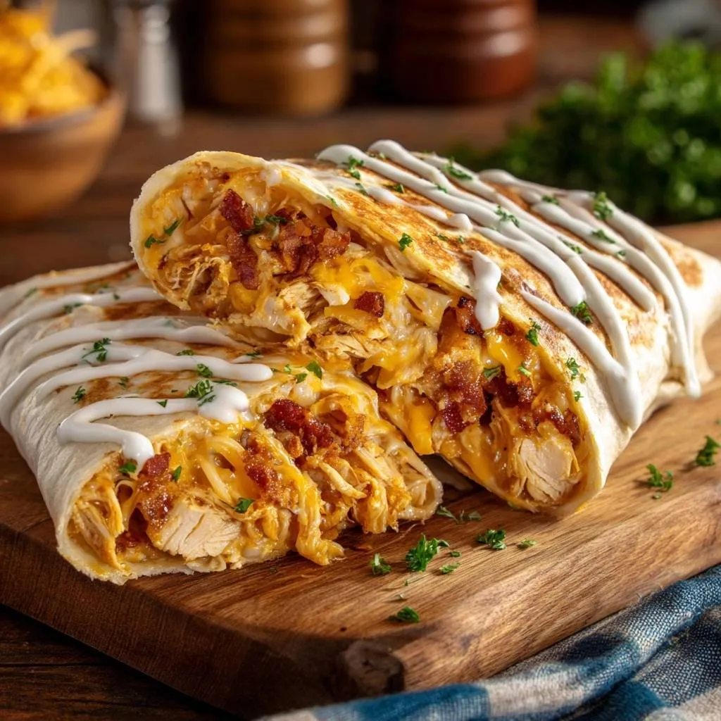 Crispy chicken bacon ranch wraps shown in a close-up cross-section, revealing the shredded chicken, bacon, and melted cheese filling.
